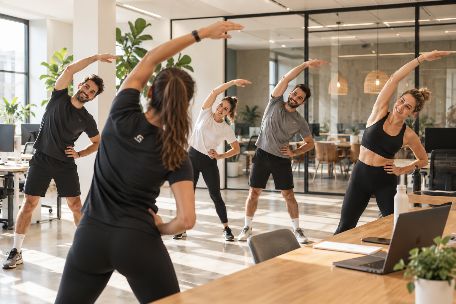 Des salariés en tenue de sport pratiquant une séance d'étirements dans leurs bureaux